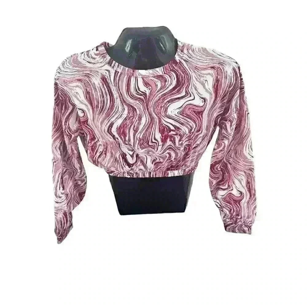 Womens Red White‎ Marble Design Crop Top Balloon Sleeve Size Medium M Midriff